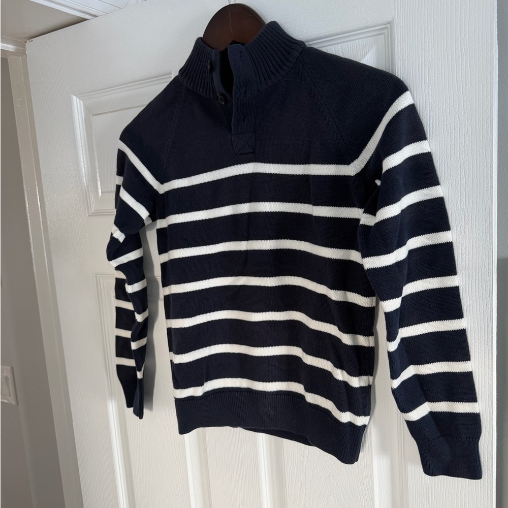 Brooks Brothers Women's Black and White Striped Zip-Up Sweater